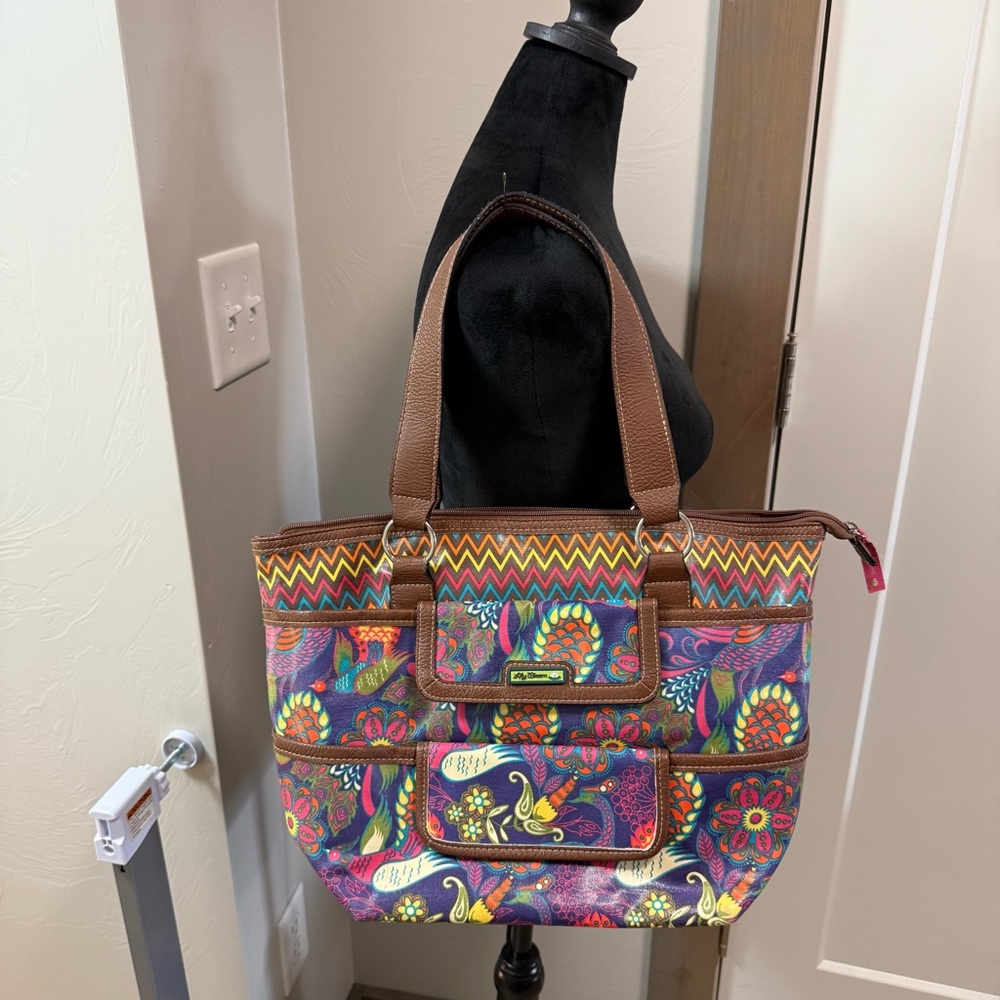 Lily Bloom‎ Peacock Colorful Floral Shoulder Bag Purse Tote Lg Zip Top Abstract